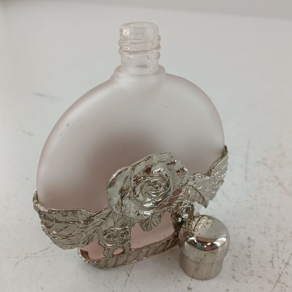 Vintage Silvestri Pink Frosted Glass & Pewter Rose Perfume Bottle 3.75" - Empty - Picture 2 of 10